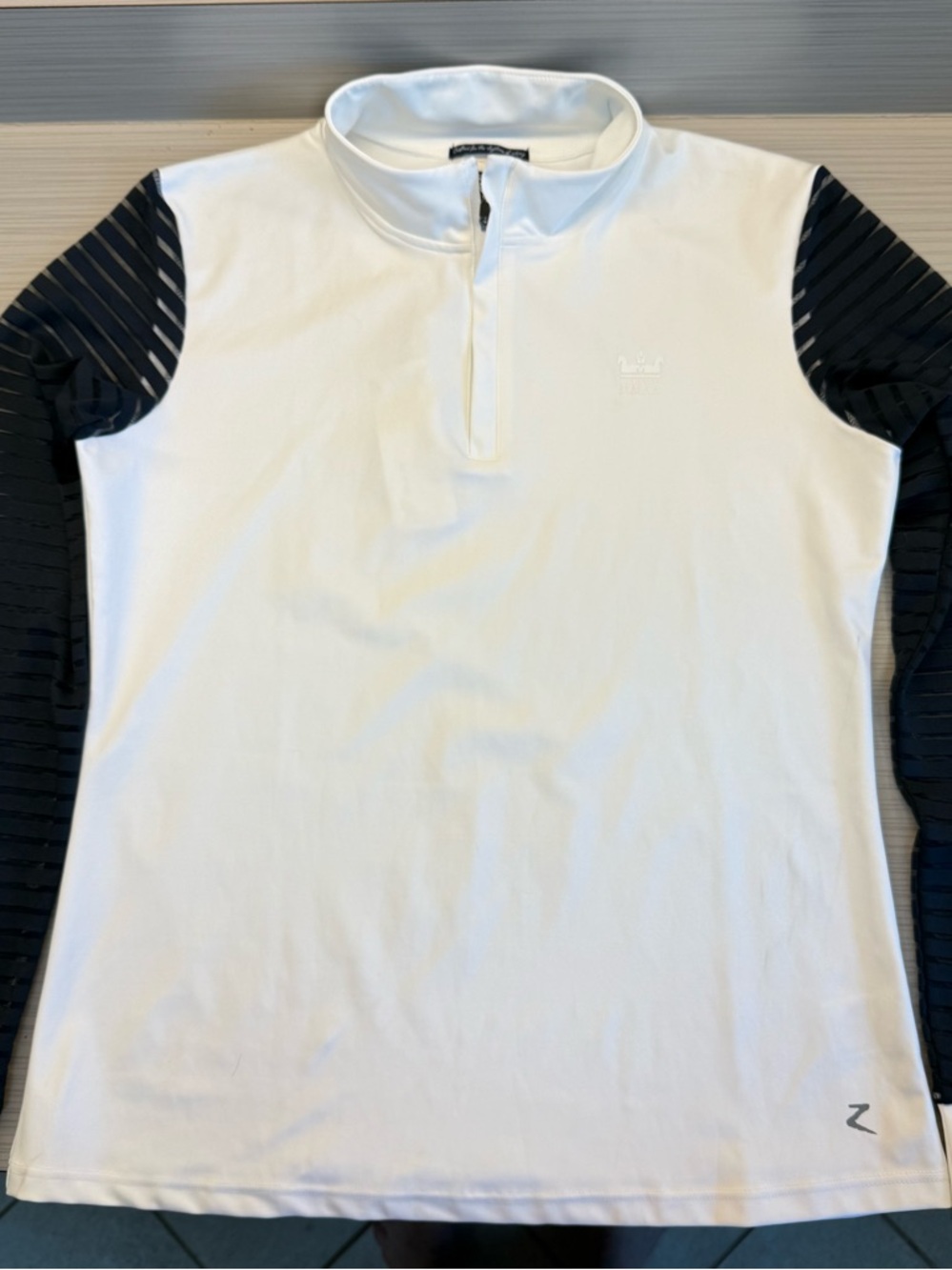 Horze White Quarter-Zip Equestrian Riding Show Short Top with Black Long Sleeves